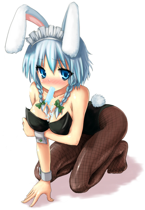 kuroneko jiji, izayoi sakuya, touhou, silver hair, 1girl, animal ears, blue eyes, blush, braid, breasts, breasts squeezed together, cleavage, female focus, fishnet pantyhose, fishnets, food, kneeling, large breasts, leotard, looking at viewer, mouth hold, pantyhose, playboy bunny, popsicle, rabbit ears, short hair, simple background, solo, twin braids, white background