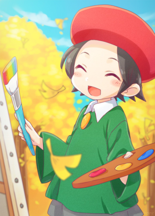 hone (sky cubes), adeleine, kirby (series), kirby 64, nintendo, 1girl, beret, canvas (object), closed eyes, hat, holding, holding paint palette, holding paintbrush, open mouth, paint palette, paintbrush, red hat, smile, smock, tree