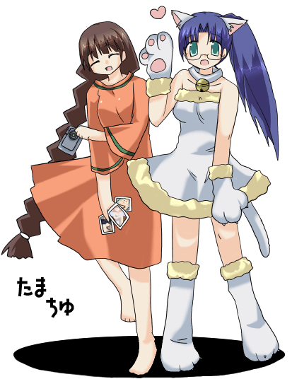 aoba kozue, chanohata tamami, midorikawa chiyuri, mahoraba, 00s, animal ears, cat ears, cat tail, glasses, tail
