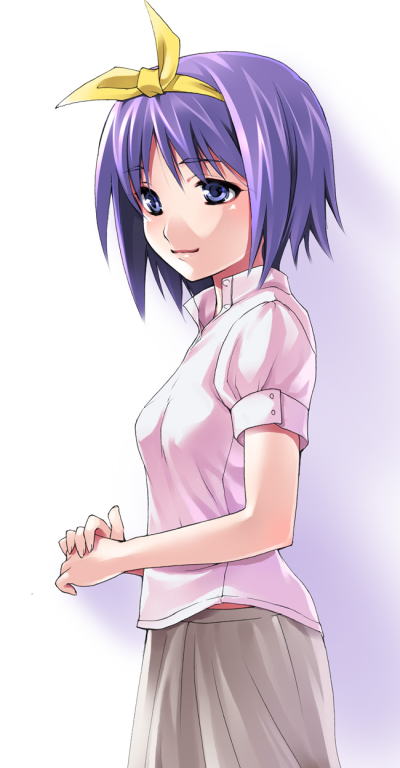 azu, hiiragi tsukasa, lucky star, 00s, 1girl, aged up, blue eyes, female focus, hair ribbon, purple hair, ribbon, short hair, smile, solo