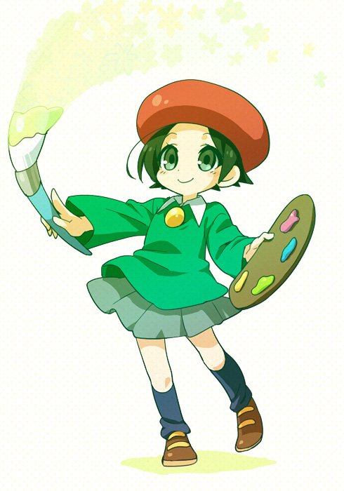 hone (sky cubes), adeleine, kirby (series), nintendo, 1girl, beret, black hair, black socks, brown shoes, grey skirt, hat, holding, holding paint palette, holding paintbrush, paint palette, paintbrush, pleated skirt, red hat, shoes, skirt, smile, smock, socks