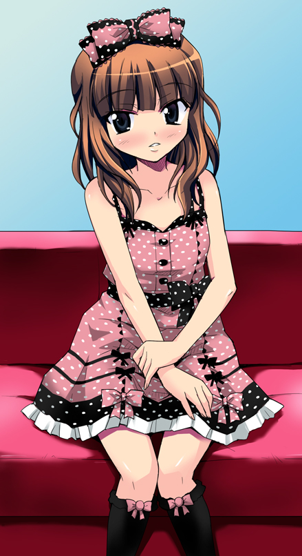 nippori, original, 1girl, blue eyes, blush, bow, brown hair, dress, female focus, hair bow, kneehighs, pink bow, sitting, socks, solo