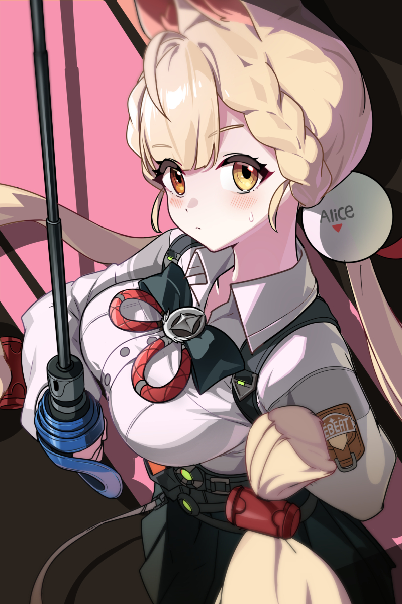 ebi bento, alice thymefield, zenless zone zero, highres, 1girl, ahoge, animal ears, black skirt, blonde hair, closed mouth, collared shirt, heterochromia, holding, holding sword, holding weapon, long hair, low twintails, rabbit ears, rabbit girl, red eyes, shirt, skirt, solo, sword, twintails, very long hair, weapon, white shirt, yellow eyes