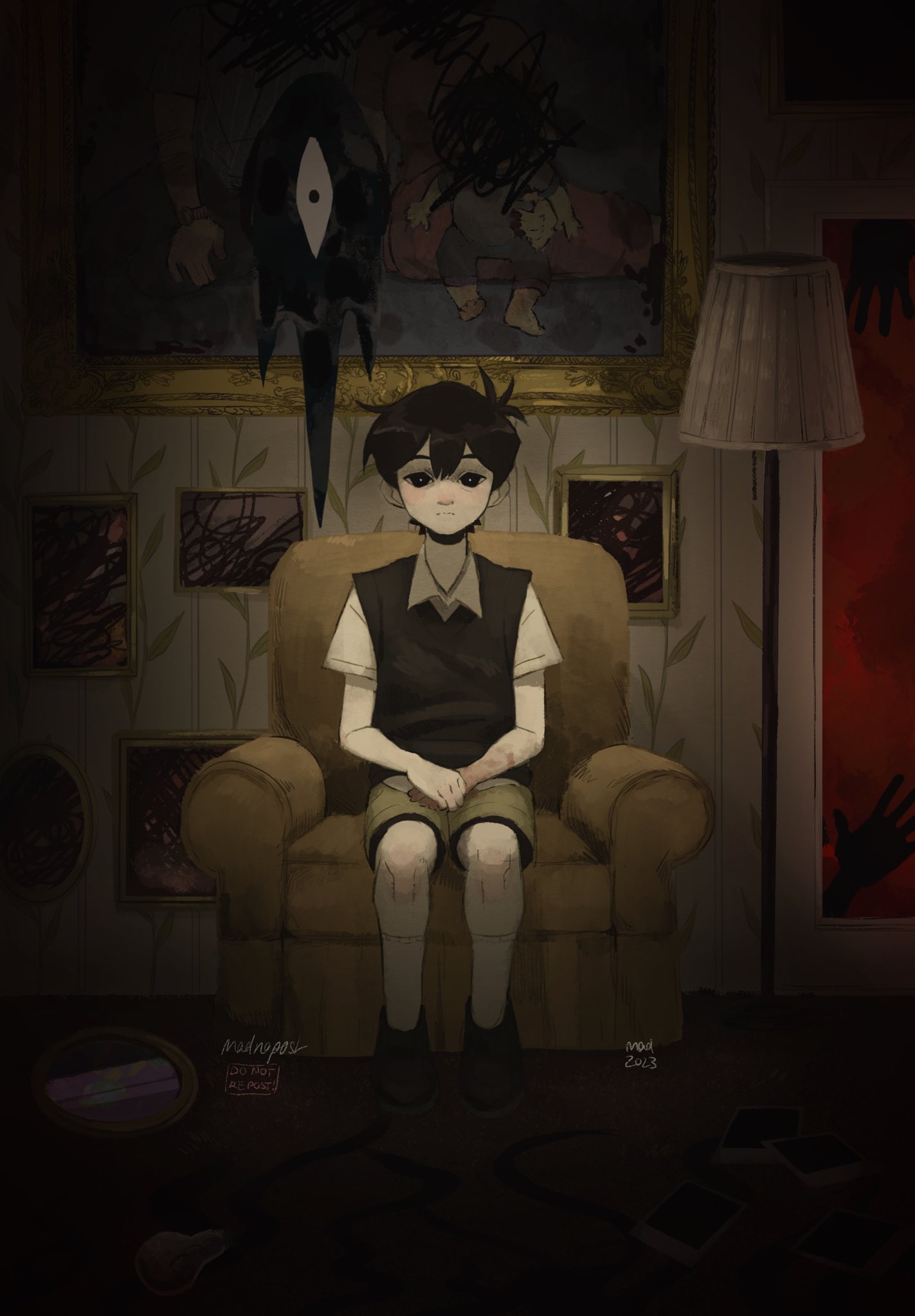 madnopost, basil (headspace) (omori), basil (omori), something (omori), sunny's dad (omori), sunny's mom (omori), omori, highres, spoilers, 1boy, antenna hair, artist name, black eyes, black hair, black sweater vest, bright pupils, brown shorts, censored, closed mouth, collared shirt, lamp, male focus, painting (object), photo (object), scribble censor, shirt, short hair, shorts, sitting, solo, sweater vest, white pupils, white shirt