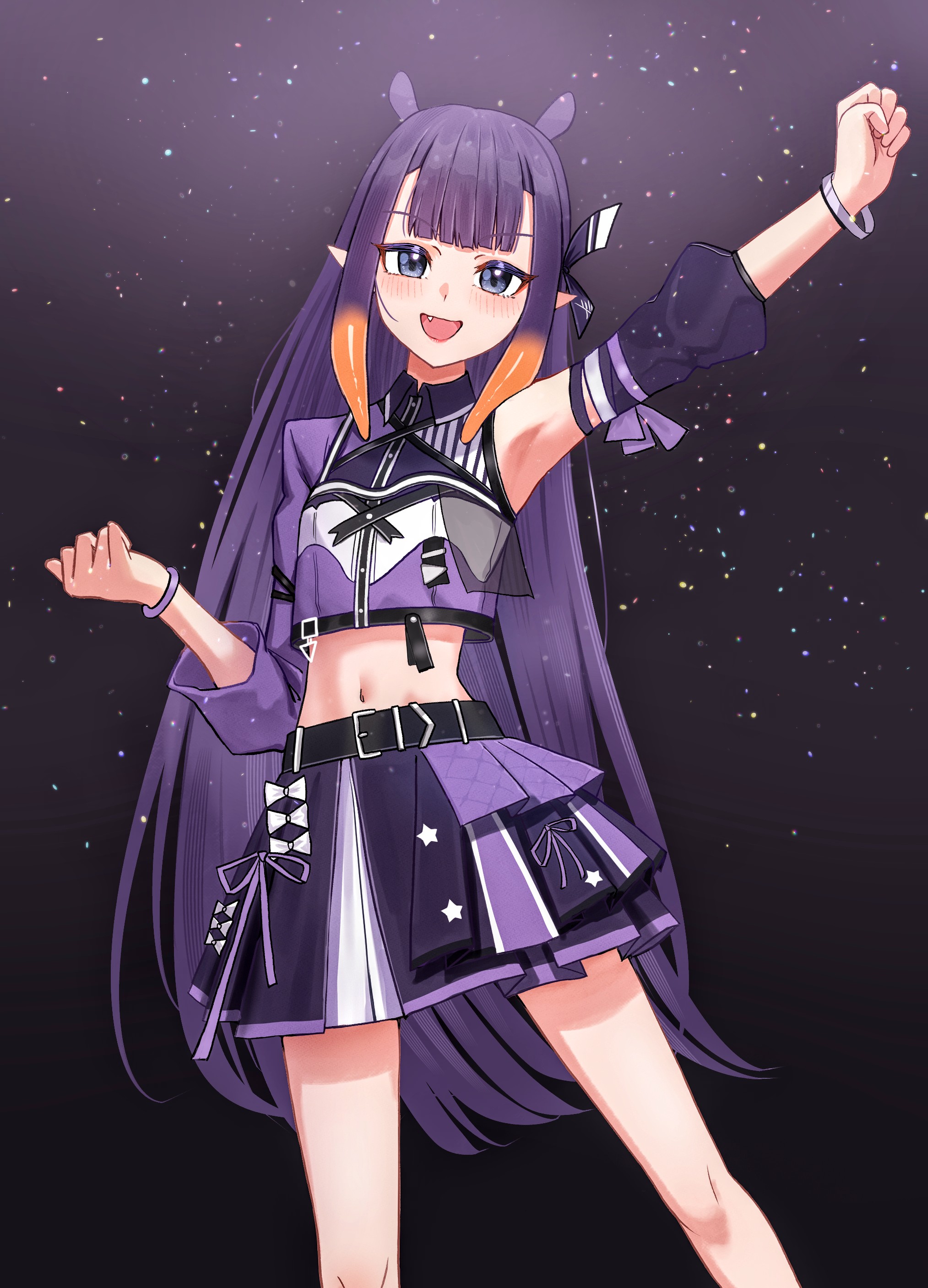 chrispy tuna, ninomae ina'nis, hololive, hololive english, absurdres, commentary, english commentary, highres, 1girl, :d, arm up, armpits, asymmetrical sleeves, black skirt, blue eyes, blunt bangs, bracelet, center-flap bangs, center frills, clenched hand, collared shirt, cowboy shot, cropped shirt, detached sleeves, fang, frills, gradient hair, hololive idol uniform (color rise), idol clothes, jewelry, long hair, looking at viewer, midriff, miniskirt, mismatched sleeves, multicolored hair, multicolored shirt, multicolored skirt, navel, official alternate costume, open mouth, orange hair, outstretched arm, pointy ears, puffy detached sleeves, puffy short sleeves, puffy sleeves, purple eyes, purple hair, purple shirt, purple skirt, shirt, short sleeves, sidelocks, single detached sleeve, single sleeve, skirt, smile, solo, straight-on, straight hair, tentacle hair, very long hair, virtual youtuber, white shirt, white skirt