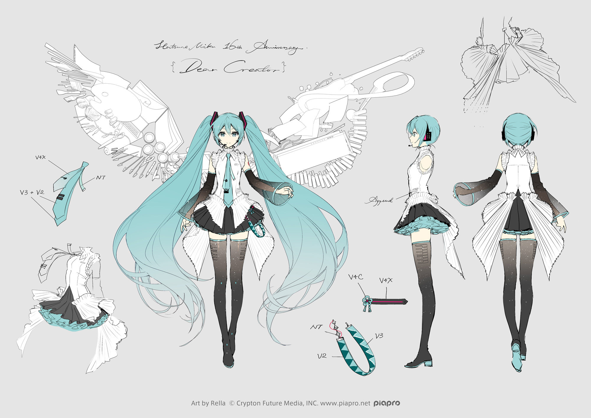 rella, hatsune miku, vocaloid, commentary, concept art, highres, official art, 1girl, aqua hair, aqua necktie, art brush, artificial wings, black skirt, black sleeves, black thighhighs, bow (music), can, copyright notice, detached sleeves, drawing tablet, frilled shirt, frills, from behind, from side, full body, grey background, guitar, hair ornament, hatsune miku happy 16th birthday -dear creators-, headphones, headset, instrument, keyboard (instrument), knitting needle, lanyard, light smile, long hair, looking at viewer, miniskirt, multiple views, necktie, needle, otamatone, paint palette, paintbrush, palette knife, paper, paper roll, pen, piano keys, pleated skirt, reference sheet, scissors, see-through clothes, see-through sleeves, shirt, sketchbook, skirt, sleeveless, sleeveless shirt, split mouth, standing, stylus, thighhighs, tie clip, twintails, unworn lanyard, unworn necktie, very long hair, violin, watercolor tray, white shirt, wings, wire cutters, yarn, yarn ball, zettai ryouiki