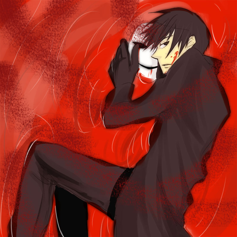 hei (darker than black), darker than black, 00s, 1boy, black gloves, black hair, blood, coat, gloves, looking at viewer, lying, male focus, mask, on side, puddle, solo, thigh strap, trench coat, unworn mask