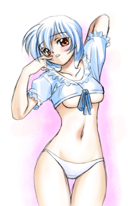 koizumi akira, iketeru futari, tagme, 1990s (style), 1girl, breasts, female focus, gradient background, navel, panties, retro artstyle, solo, standing, underwear, white background