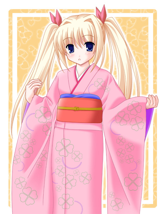 minamori noeru, tagme, 1girl, blonde hair, female focus, japanese clothes, looking at viewer, solo, standing