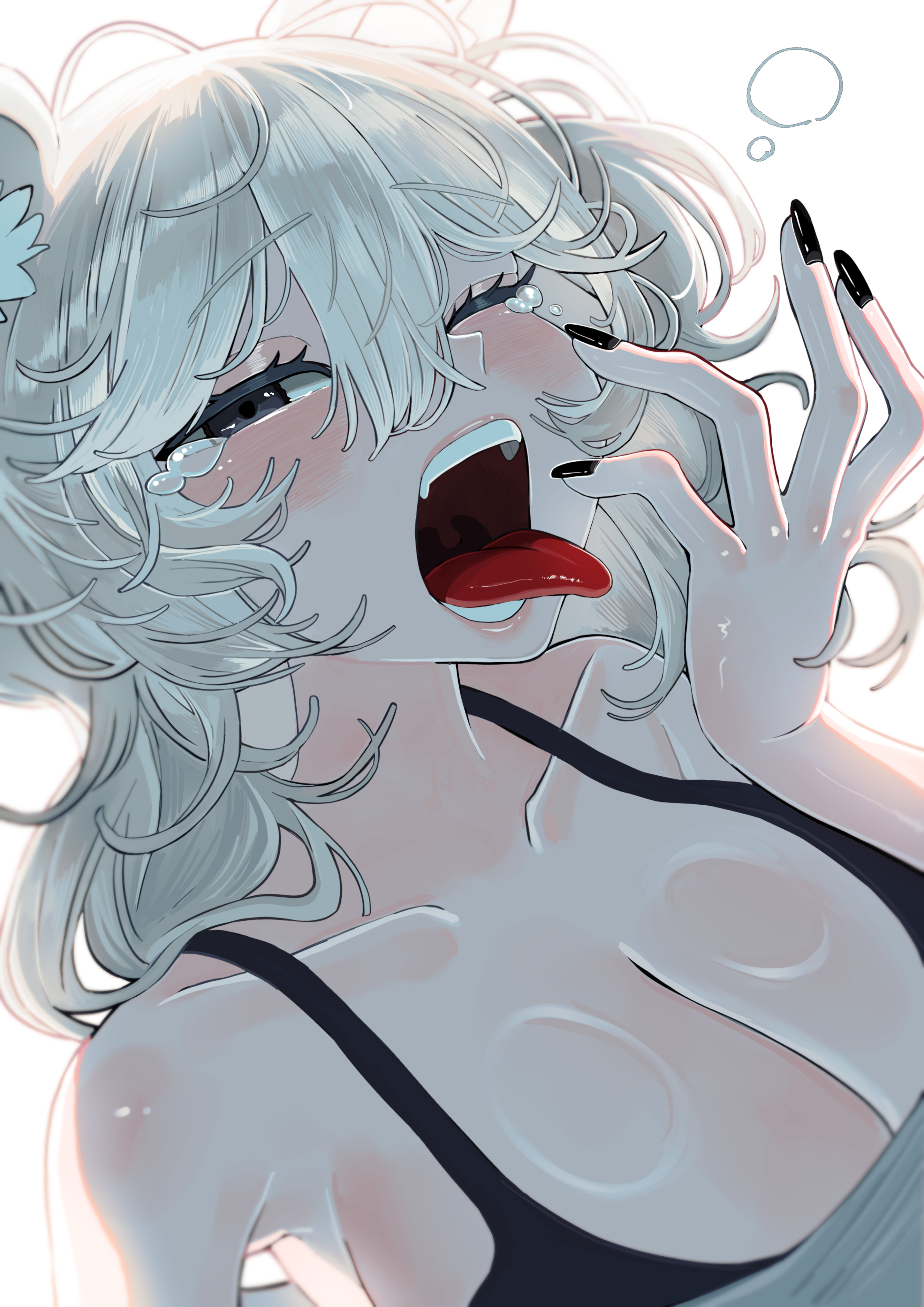 yuuppi, shishiro botan, hololive, absurdres, highres, 1girl, animal ears, black eyes, black nails, breasts, cleavage, grey hair, hand up, large breasts, lion ears, lion girl, open mouth, solo, teeth, tongue, tongue out, virtual youtuber, yawning
