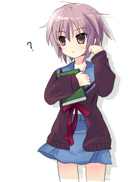 ixy, nagato yuki, suzumiya haruhi no yuuutsu, 00s, book, cardigan, school uniform, serafuku, solo