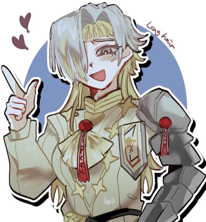 odamarinasai, kromer (project moon), limbus company, project moon, 1girl, :d, alternate hair length, alternate hairstyle, armor, blonde hair, grey eyes, hair over one eye, long hair, long sleeves, looking at viewer, multicolored hair, open mouth, shirt, simple background, smile, solo, streaked hair, upper body, wax seal, white background, white hair, yellow shirt