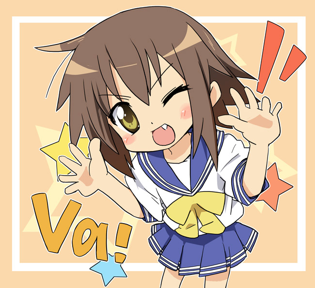 ixy, kusakabe misao, lucky star, 00s, brown hair, fang, school uniform, serafuku, short hair, smile, solo, va (phrase), yellow eyes