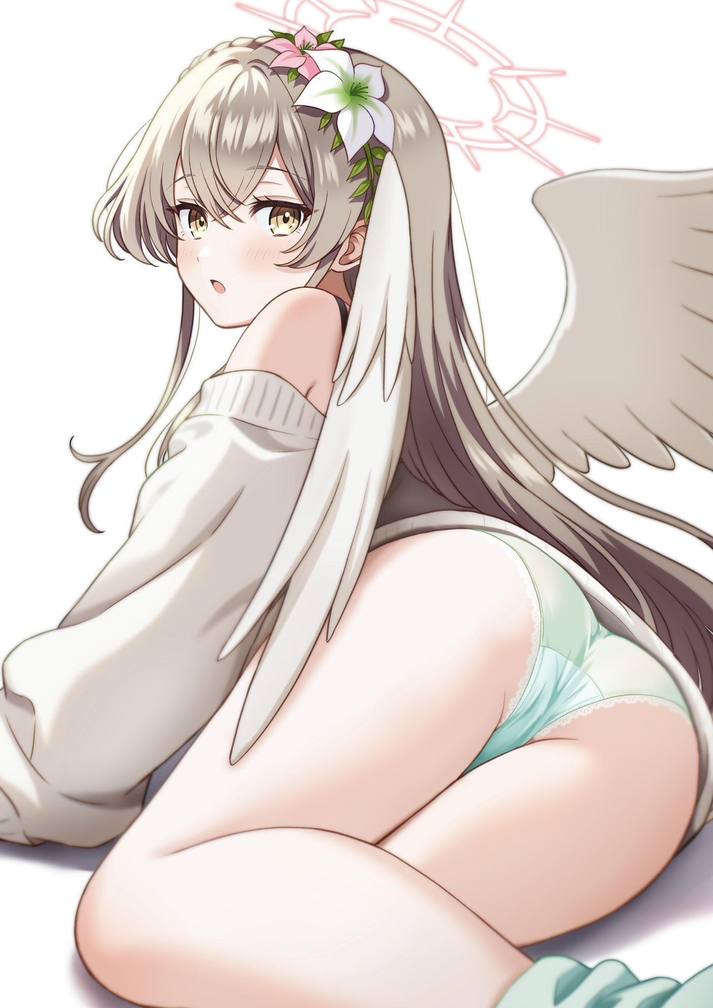 gesupi (provlemsolver57), nagisa (blue archive), blue archive, highres, 1girl, ass, blush, brown hair, flower, from behind, green panties, hair flower, hair ornament, halo, long hair, looking at viewer, looking back, open mouth, panties, pink flower, red halo, simple background, solo, sweater, thighs, underwear, white background, white flower, white sweater, white wings, wings, yellow eyes