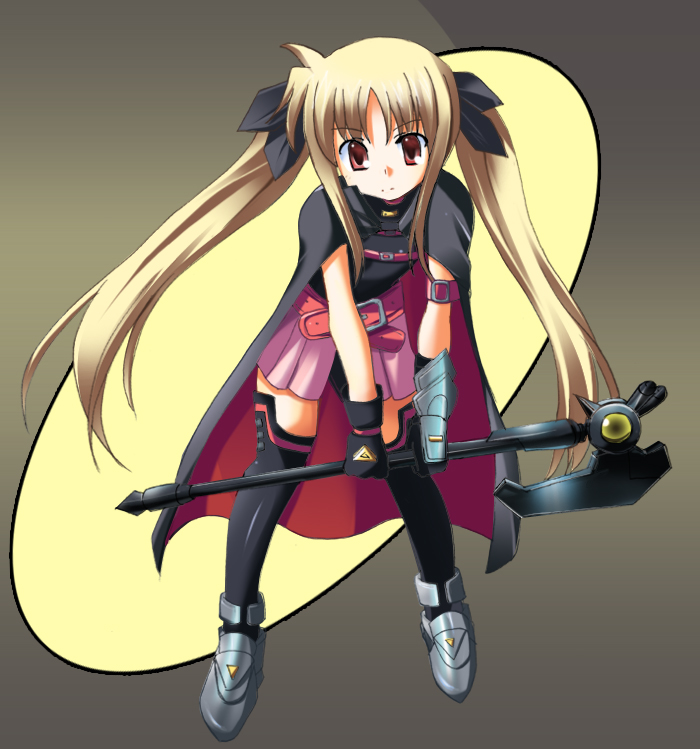 odaya, odayan, bardiche (assault form) (nanoha), bardiche (nanoha), fate testarossa, fate testarossa (lightning form), lyrical nanoha, mahou shoujo lyrical nanoha, 00s, 1girl, blonde hair, female focus, solo, thighhighs, warrior, weapon, zettai ryouiki