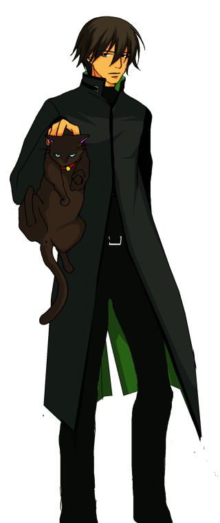 hei (darker than black), mao (darker than black), darker than black, 00s, 1boy, bell, belt, black cat, black hair, black jacket, black pants, carrying, cat, collar, jacket, male focus, pants, simple background, solo, standing, white background