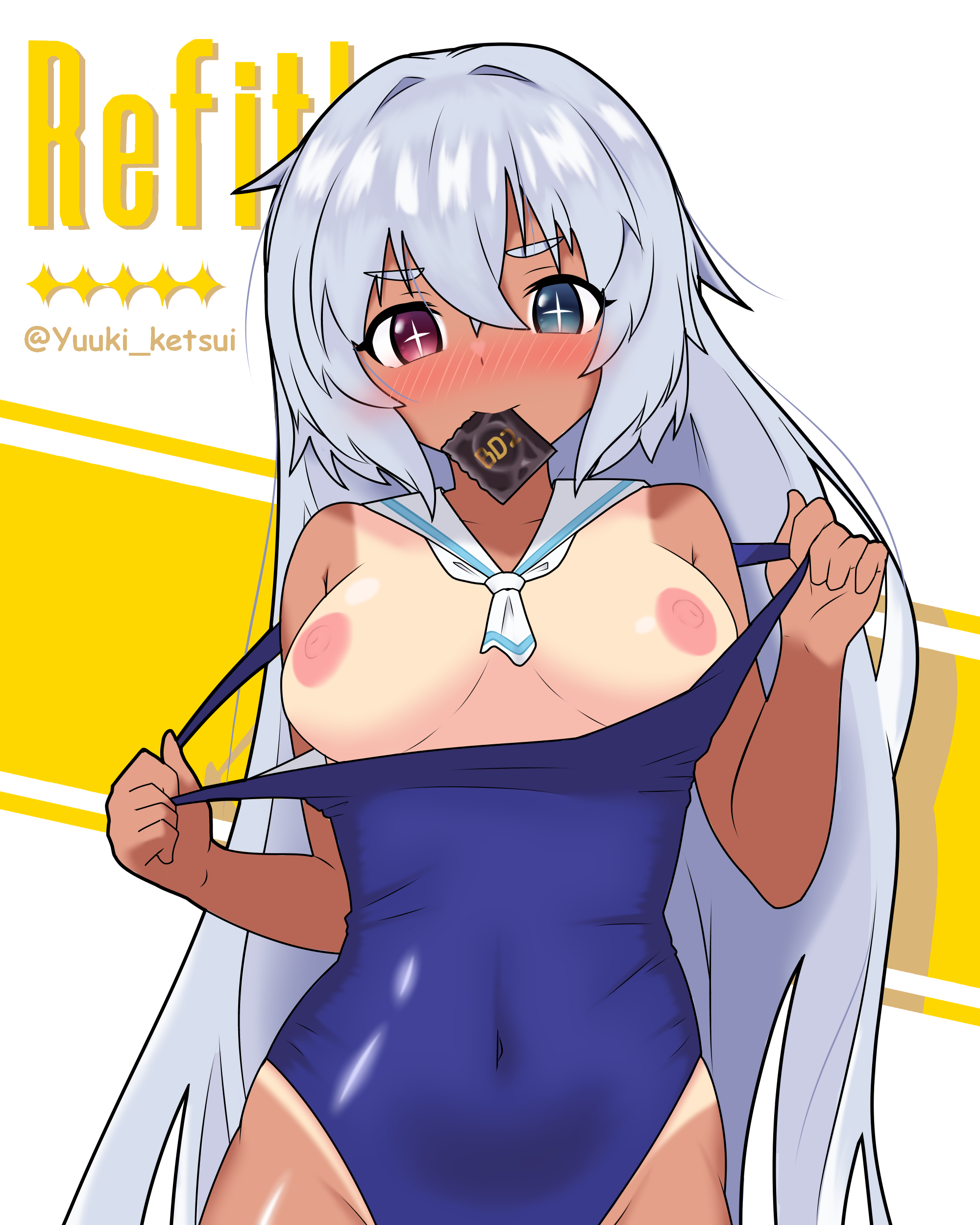yuuki ketsui, refithea (brown dust), brown dust (series), brown dust 2, absurdres, highres, 1girl, alternate breast size (larger), blue eyes, blue one-piece swimsuit, blush, breasts, character name, clothes pull, condom, condom in mouth, condom wrapper, covered navel, embarrassed, full-face blush, grey hair, hair between eyes, long hair, looking at viewer, medium breasts, mouth hold, nipples, one-piece swimsuit, one-piece swimsuit pull, red eyes, solo, swimsuit, tan, tanline, twitter username, undressing, very long hair