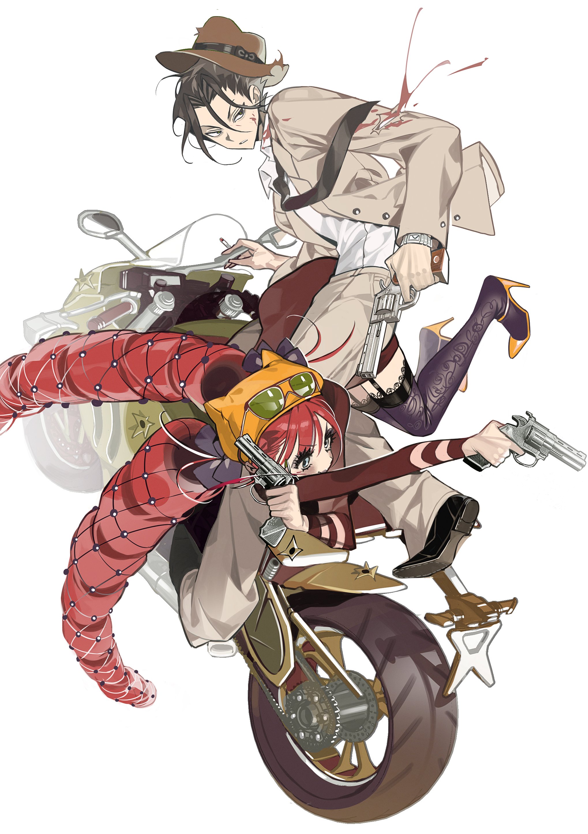 2pineapplepizza, original, absurdres, highres, 1boy, 1girl, aiming, aqua eyes, blood, brown hair, drill hair, drill hair girl (2pineapplepizza), dual wielding, full body, grey jacket, grey pants, gun, hair intakes, high heels, holding, holding gun, holding weapon, injury, jacket, motor vehicle, motorcycle, pants, parted lips, punk boy (2pineapplepizza), purple thighhighs, short hair, shorts, simple background, teeth, thighhighs, torn clothes, torn jacket, weapon, white background, yellow shorts