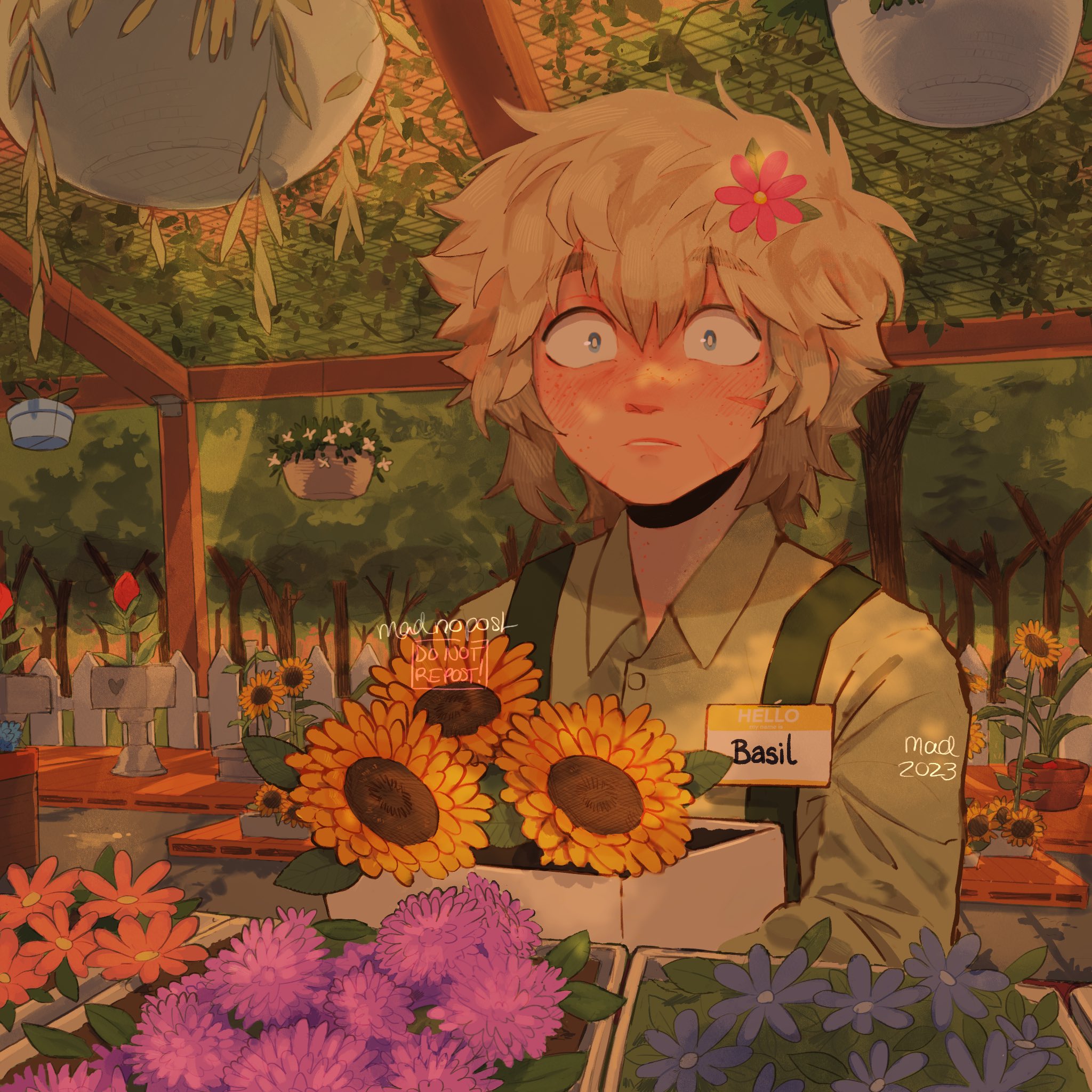 madnopost, basil (faraway) (omori), basil (omori), omori, highres, 1boy, 2023, alternate costume, apron, artist name, blue eyes, bright pupils, collared shirt, fence, flower, green apron, green shirt, hair flower, hair ornament, hanging plant, long sleeves, male focus, name tag, parted lips, picket fence, plant, potted plant, scar, scar on face, shirt, short hair, sidelocks, solo, sunflower, white pupils, wooden fence