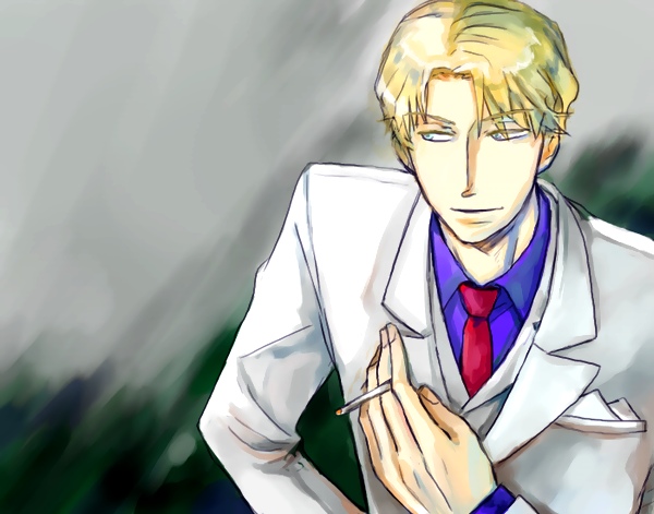 november 11 (darker than black), darker than black, 00s, 1boy, blonde hair, blue eyes, cigarette, dress shirt, formal clothes, male focus, necktie, pink necktie, purple shirt, shirt, smoking, solo, suit, white suit