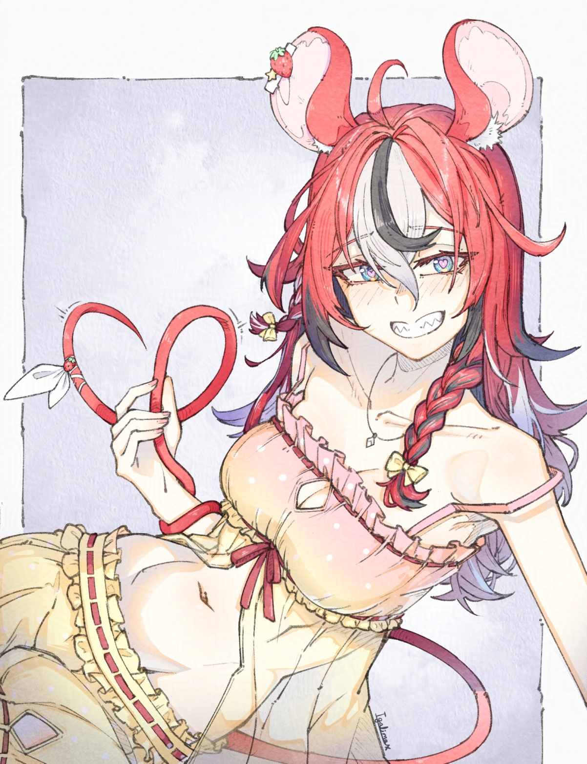 igalimax, hakos baelz, hakos baelz (strawberry onesie), hololive, hololive english, highres, 1girl, ahoge, animal ears, babydoll, black streaks, blue eyes, bow, braid, breasts, cleavage, grin, hair bow, heart, heart-shaped pupils, large breasts, long hair, looking at viewer, mouse ears, mouse girl, mouse tail, navel, official alternate costume, official alternate hairstyle, pink babydoll, polka dot babydoll, red hair, sharp teeth, shorts, smile, solo, symbol-shaped pupils, tail, teeth, twin braids, virtual youtuber, white hair, yellow babydoll, yellow bow, yellow shorts