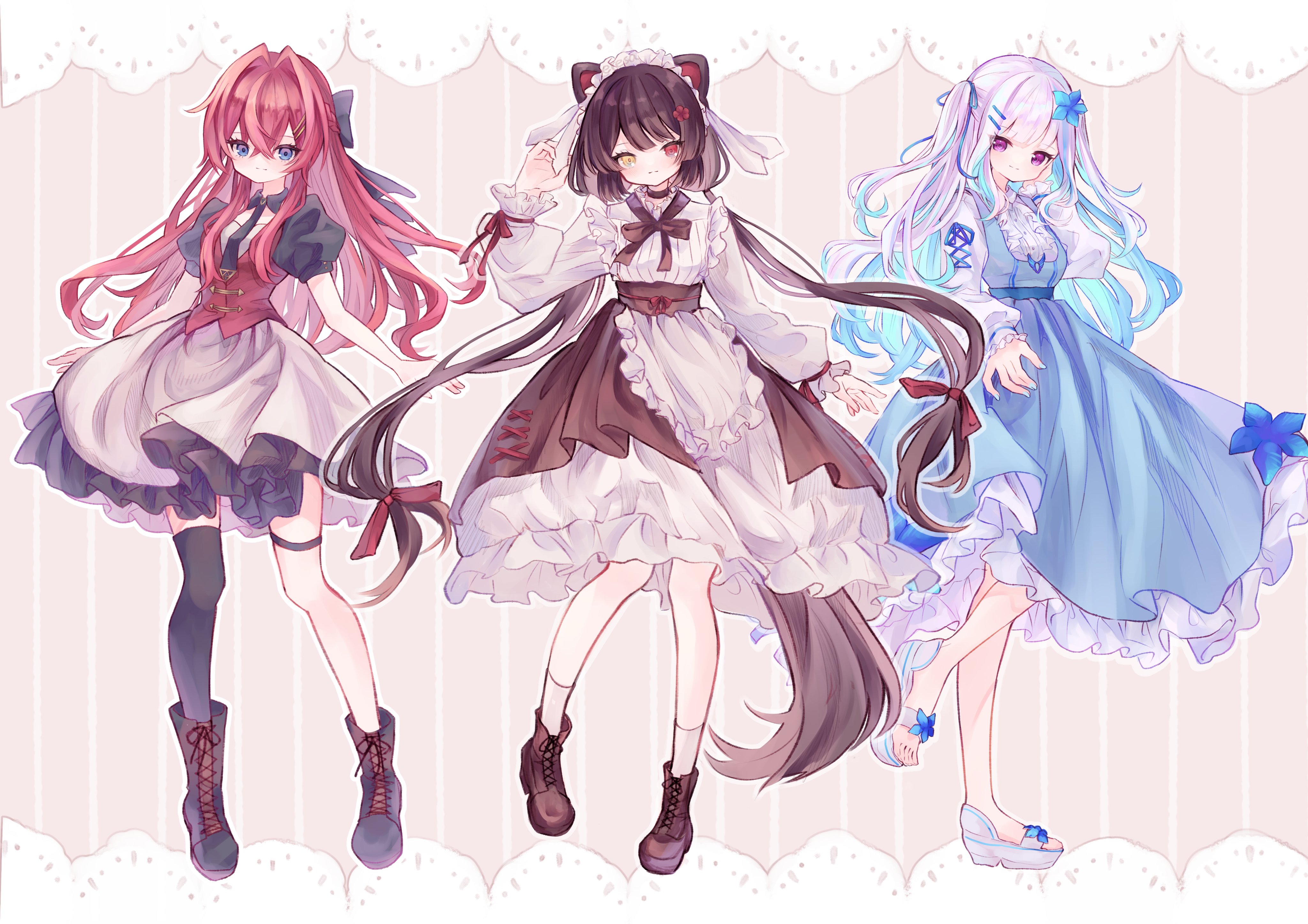 eresa, ange katrina, inui toko, lize helesta, nijisanji, absurdres, commentary request, highres, 3girls, :3, alternate costume, animal ears, ankle boots, black boots, black bow, black choker, black dress, black necktie, black thighhighs, blue dress, blue eyes, blue hair, blue nails, blue ribbon, boots, bow, breasts, brown background, brown boots, brown dress, brown hair, brown ribbon, brown sash, brown tail, choker, closed mouth, collared dress, colored inner hair, cross-laced clothes, cross-laced sleeves, crossed bangs, dog ears, dog girl, dog tail, dress, eyelashes, flower, frilled dress, frills, full body, gradient eyes, hair between eyes, hair bow, hair flower, hair intakes, hair ornament, hair ribbon, hairpin, hand on own cheek, hand on own face, hand up, heterochromia, lace-up boots, layered dress, light blush, light smile, lineup, long hair, long sleeves, looking at viewer, low twintails, maid headdress, medium dress, multicolored eyes, multicolored hair, multiple girls, multiple hairpins, nail polish, neck ribbon, necktie, obi, obijime, outline, platform sandals, puffy short sleeves, puffy sleeves, purple eyes, red eyes, red hair, red ribbon, red vest, ribbon, sanbaka (nijisanji), sandals, sash, short dress, short sleeves, single thighhigh, small breasts, socks, split mouth, standing, standing on one leg, streaked hair, striped background, tail, tail under clothes, thigh strap, thighhighs, twintails, two-tone hair, two side up, vertical-striped background, very long hair, vest, virtual youtuber, waistcoat, white dress, white hair, white headdress, white outline, white sandals, white socks, wrist ribbon, yellow eyes