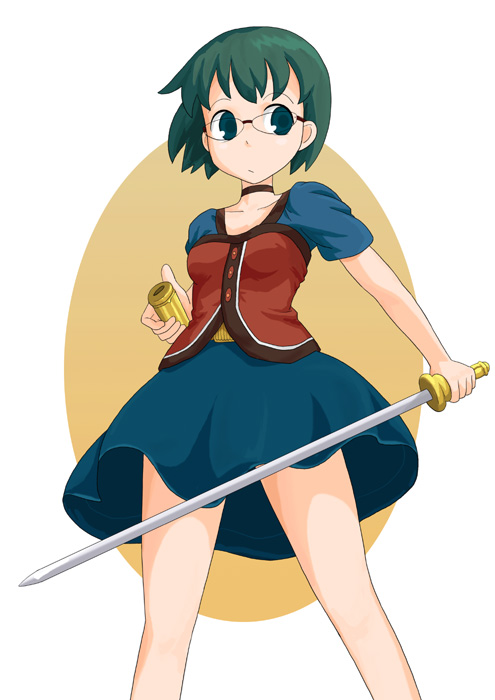 gahiro, original, 1girl, female focus, glasses, green hair, short hair, solo, sword, weapon