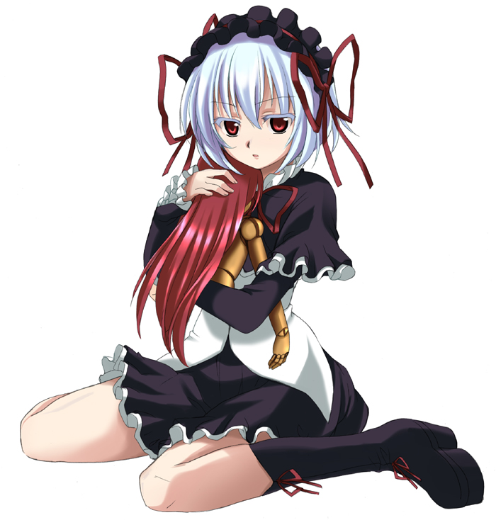 r-type nirvana, elfriede (arcana heart), lieselotte achenbach, aq interactive, arcana heart, atlus, examu, 1girl, albino, boots, gothic lolita, knee boots, lolita fashion, puppet, red eyes, ribbon, white hair