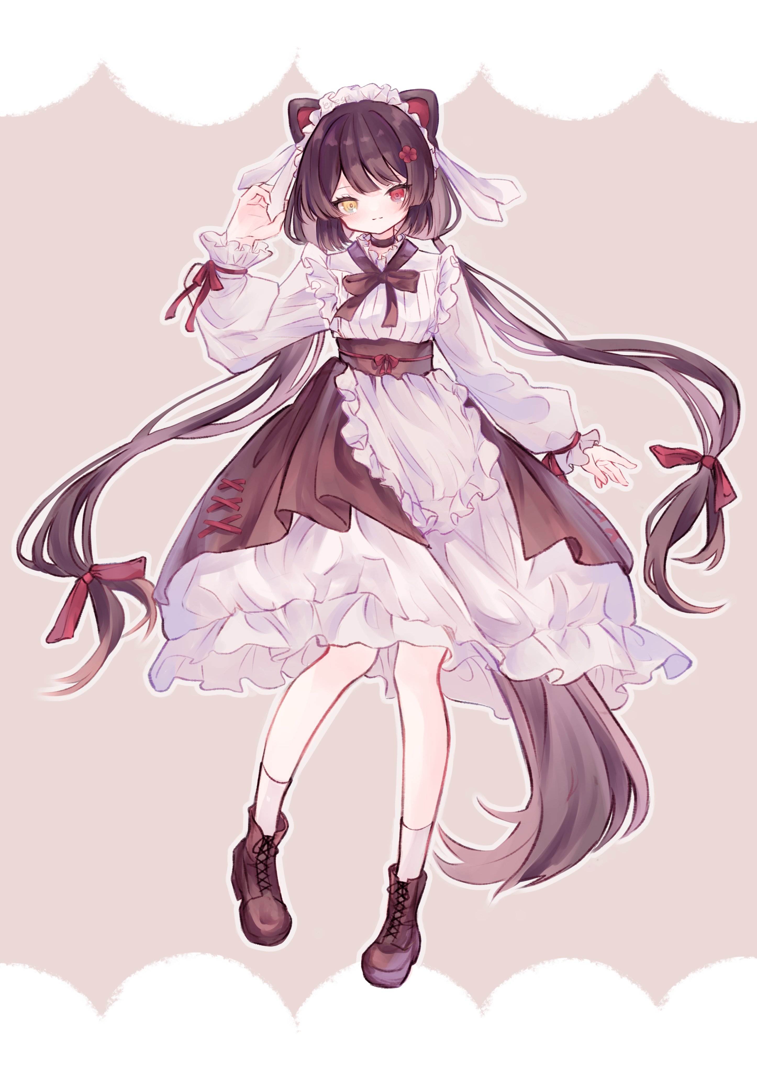 eresa, inui toko, nijisanji, absurdres, commentary request, highres, 1girl, :3, alternate costume, animal ears, ankle boots, black choker, boots, breasts, brown background, brown boots, brown dress, brown hair, brown ribbon, brown sash, brown tail, choker, closed mouth, dog ears, dog girl, dog tail, dress, eyelashes, flower, frilled dress, frills, full body, hair flower, hair ornament, hair ribbon, hand up, heterochromia, lace-up boots, layered dress, light blush, light smile, long hair, long sleeves, looking at viewer, low twintails, maid headdress, medium dress, neck ribbon, obi, obijime, outline, red eyes, red ribbon, ribbon, sanbaka (nijisanji), sash, small breasts, socks, solo, split mouth, standing, tail, tail under clothes, twintails, very long hair, virtual youtuber, white dress, white headdress, white outline, white socks, wrist ribbon, yellow eyes