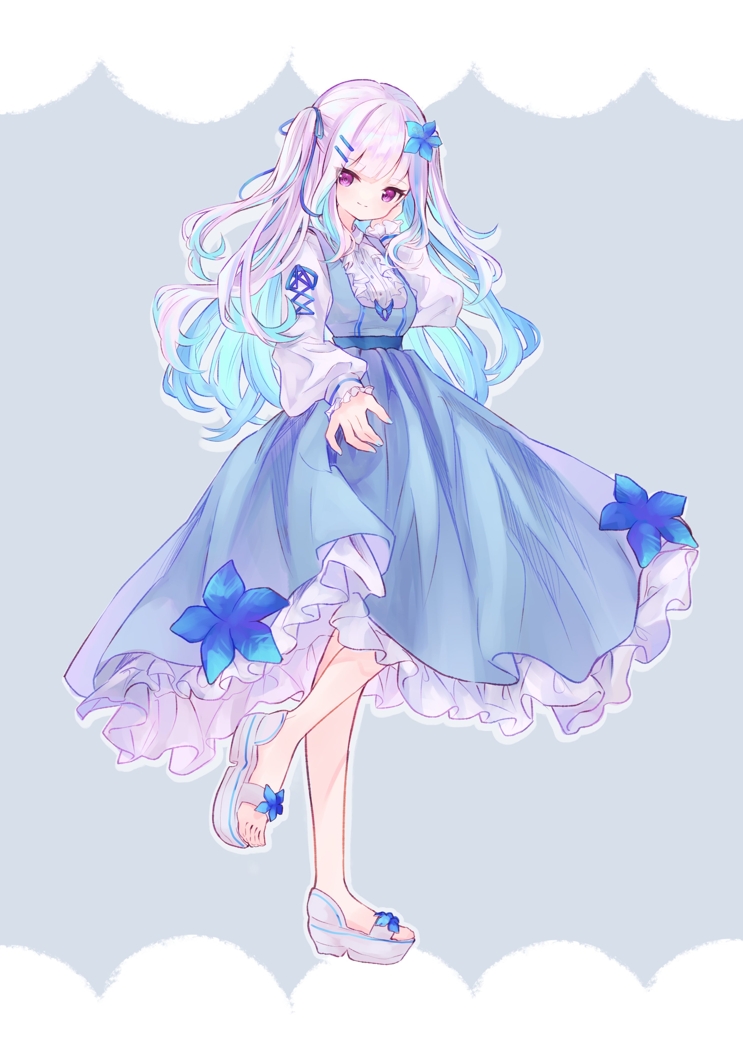 eresa, lize helesta, nijisanji, absurdres, commentary request, highres, 1girl, alternate costume, belt, blue background, blue belt, blue dress, blue hair, blue nails, blue ribbon, breasts, closed mouth, colored inner hair, cross-laced clothes, cross-laced sleeves, dress, eyelashes, flower, frilled dress, frills, full body, hair flower, hair ornament, hair ribbon, hairpin, hand on own cheek, hand on own face, hand up, layered dress, light smile, long hair, long sleeves, looking at viewer, medium dress, multicolored hair, multiple hairpins, nail polish, outline, platform sandals, purple eyes, ribbon, sanbaka (nijisanji), sandals, small breasts, solo, split mouth, standing, standing on one leg, streaked hair, two-tone hair, two side up, very long hair, virtual youtuber, white dress, white hair, white outline, white sandals