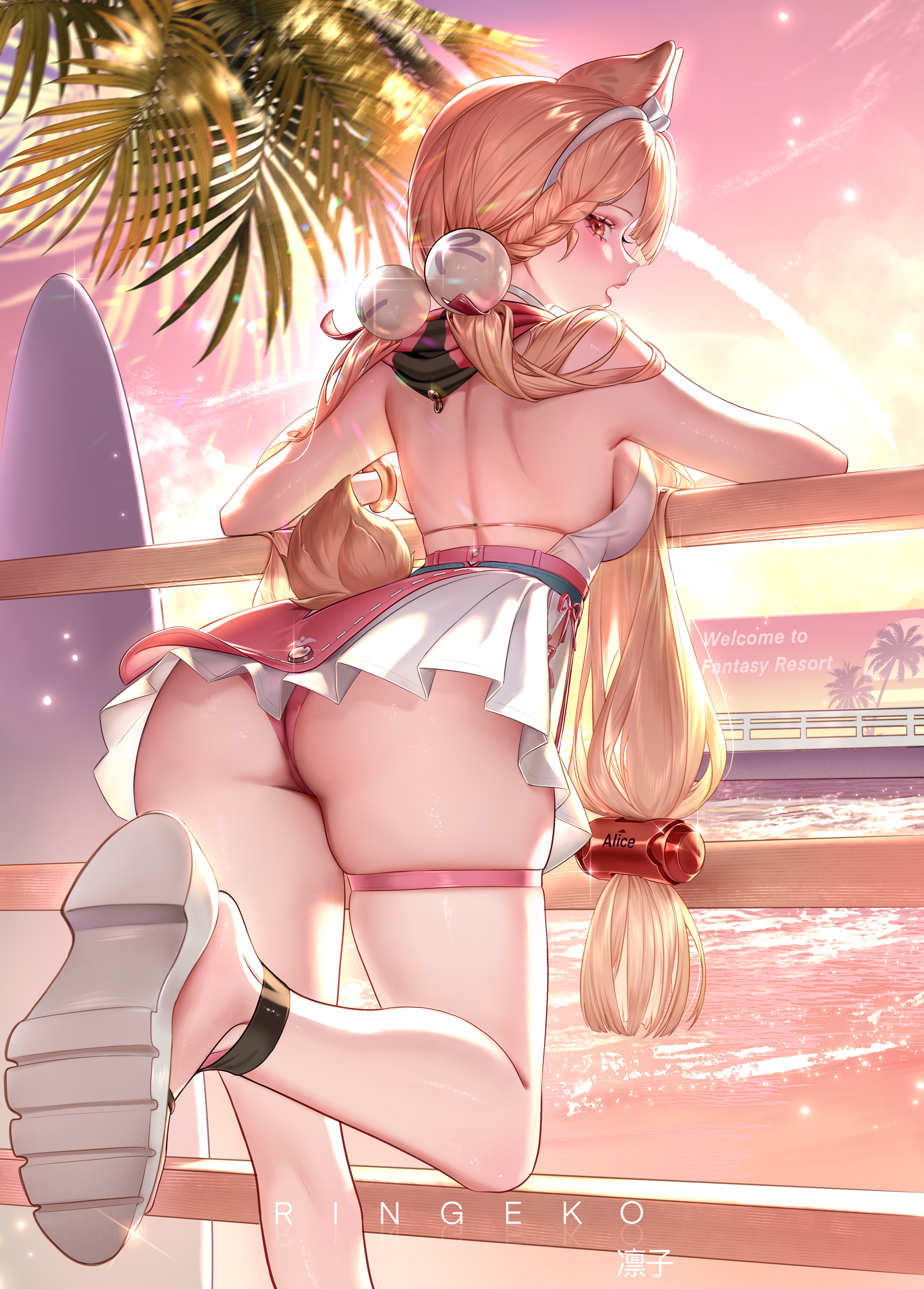 ringeko-chan, alice thymefield, alice thymefield (sea of thyme), zenless zone zero, absurdres, commentary, highres, 1girl, animal ears, artist name, ass, back, dress, english text, foot out of frame, foot up, from behind, looking at viewer, looking back, median furrow, official alternate costume, open mouth, orange eyes, outdoors, panties, pink panties, rabbit ears, rabbit girl, short dress, shoulder blades, skindentation, solo, sphere hair ornament, thigh strap, underwear, white dress