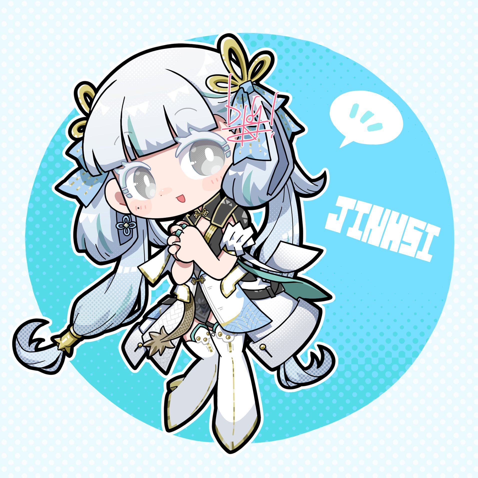 dog-san, jinhsi (wuthering waves), wuthering waves, commentary, highres, symbol-only commentary, 1girl, black dress, bright pupils, character name, chibi, chibi only, coat, colored eyelashes, dress, earrings, full body, hair rings, jewelry, long hair, looking at viewer, low twintails, mole, mole on cheek, open mouth, own hands together, smile, solo, twintails, very long hair, white coat, white eyelashes, white eyes, white hair, white pupils