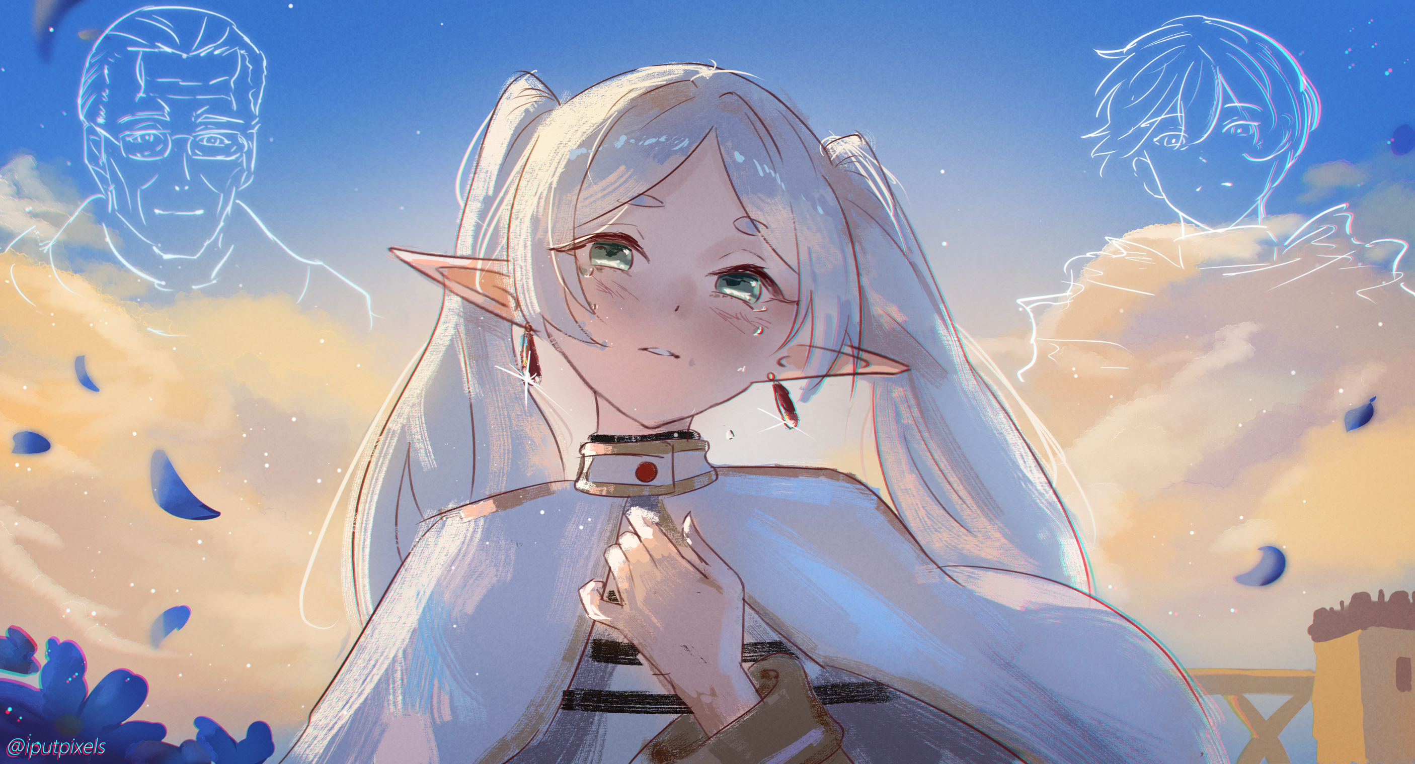 iputpixels, frieren, heiter, himmel (sousou no frieren), sousou no frieren, highres, 1girl, blue sky, capelet, cloud, cloudy sky, crying, crying with eyes open, earrings, elf, evening, green eyes, grey hair, jewelry, long hair, parted lips, petals, pointy ears, shirt, sky, striped clothes, striped shirt, tears, twintails, twitter username, white capelet