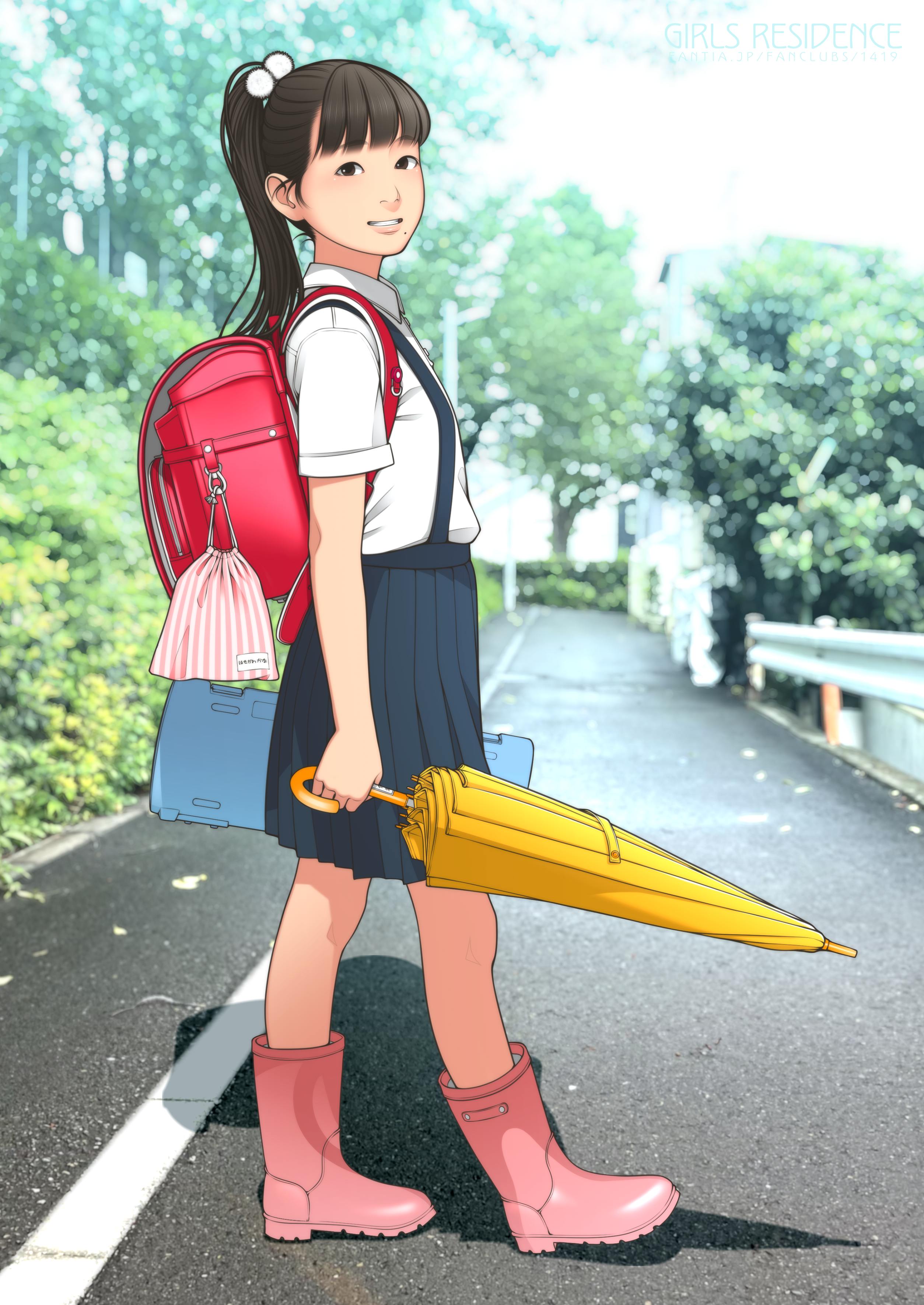 shinchou ni kansuru kousatsu, original, absurdres, commentary request, highres, 1girl, asian, backpack, bag, full body, hair bobbles, hair ornament, high ponytail, holding, holding umbrella, medium skirt, mole, mole under mouth, photo background, pleated skirt, ponytail, randoseru, school uniform, skirt, smile, solo, suspender skirt, suspenders, umbrella