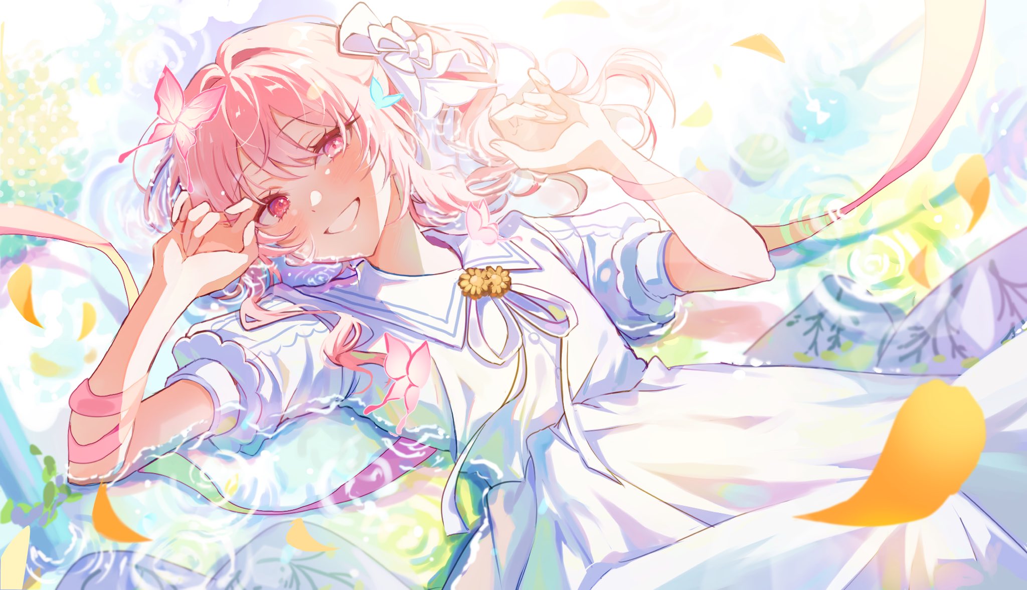 kanon 25ji, akiyama mizuki, project sekai, highres, 1other, arm up, bow, bug, butterfly, dress, grin, hair bow, hair intakes, insect, juliet sleeves, long sleeves, looking at viewer, lying, multiple hair bows, on back, pink butterfly, pink eyes, pink hair, pink ribbon, puffy sleeves, ribbon, ripples, sailor collar, short sleeves, smile, water, white bow, white dress, white sailor collar