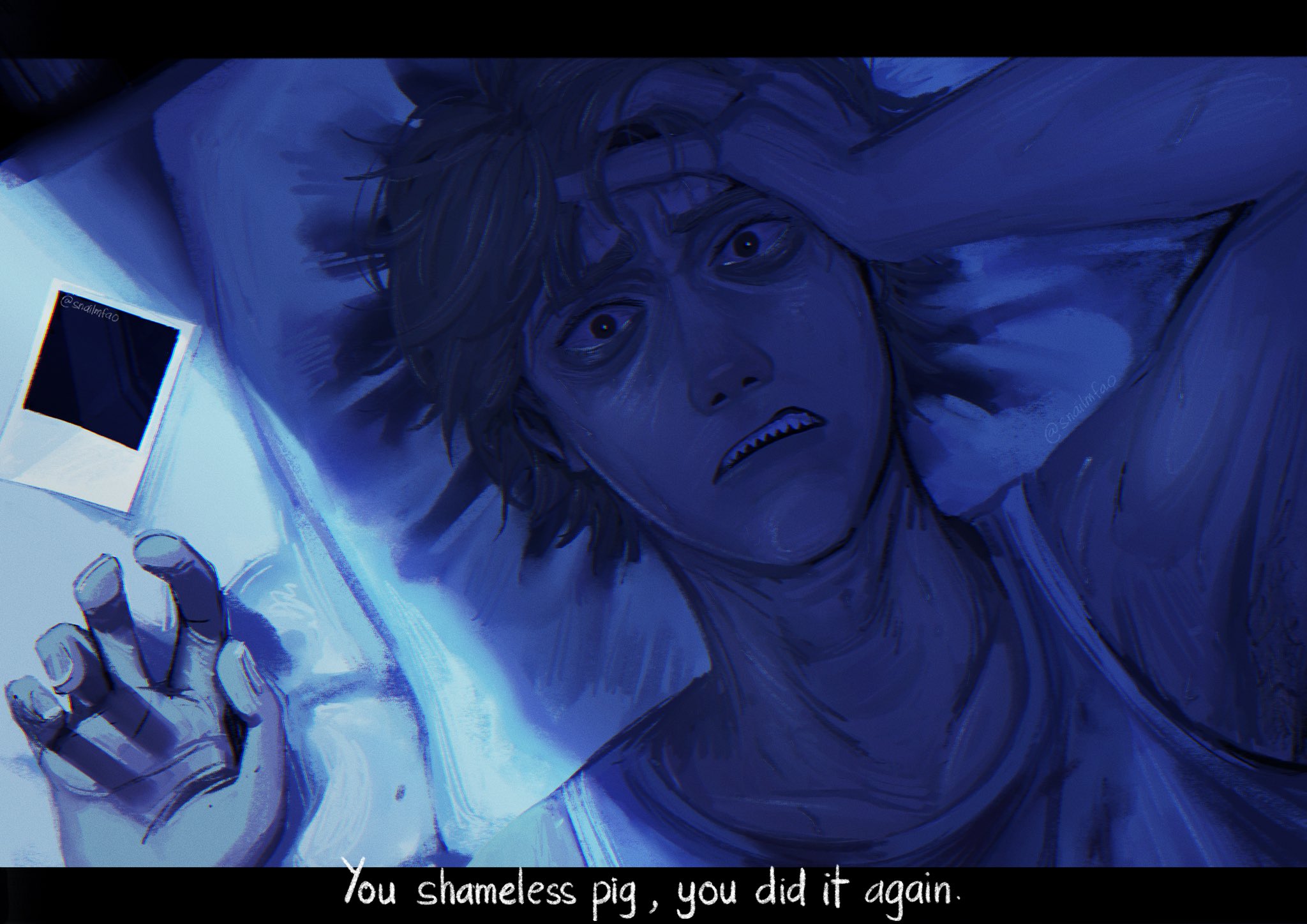 denji (chainsaw man), chainsaw man, commentary, english commentary, highres, 1boy, black eyes, english text, grey hair, hand on own head, lying, male focus, on back, on bed, photo (object), pillow, polaroid photo, sharp teeth, short hair, snailmao, solo, sweat, tank top, teeth, white tank top