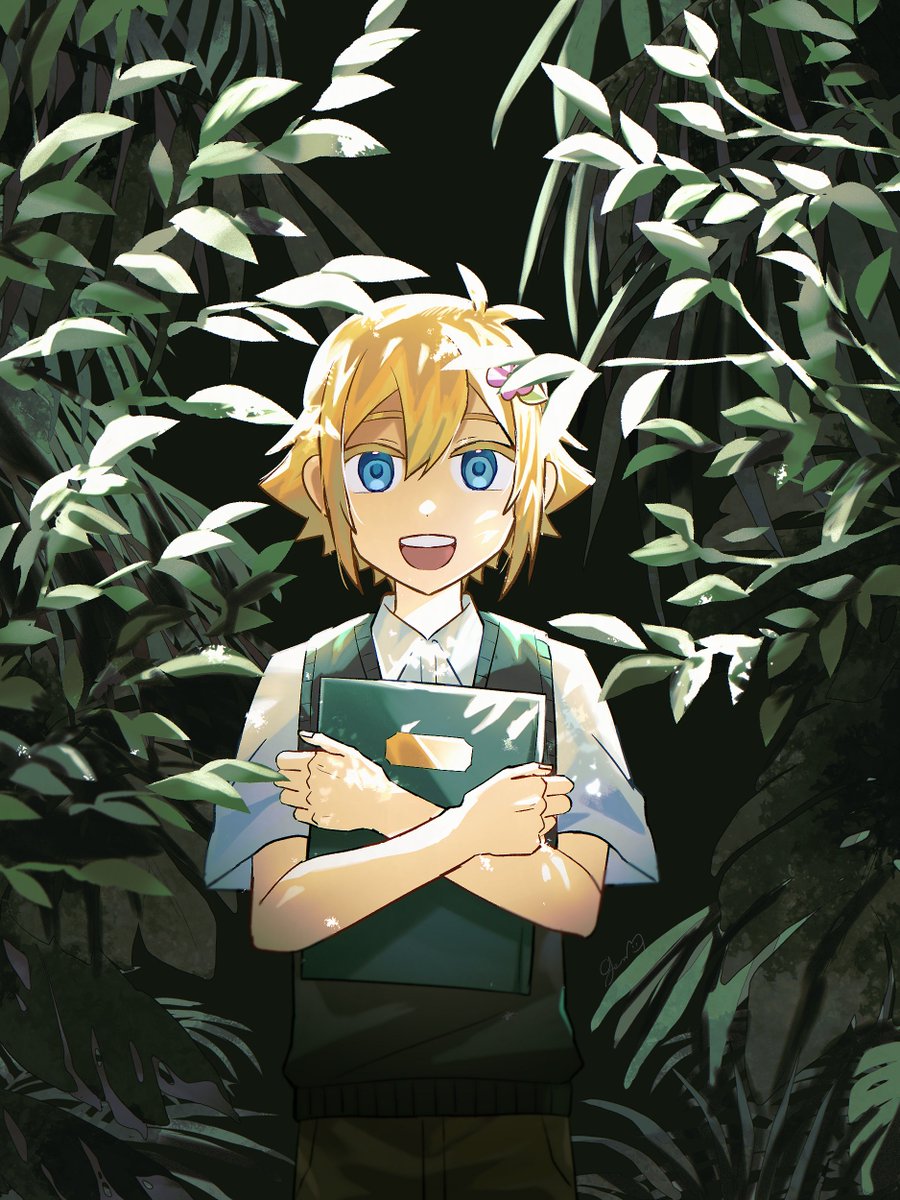 genk1zam4s, basil (faraway) (omori), basil (omori), omori, highres, 1boy, antenna hair, blonde hair, blue eyes, book, brown shorts, collared shirt, flower, green sweater vest, hair flower, hair ornament, holding, holding book, male focus, open mouth, shirt, short sleeves, shorts, sidelocks, smile, solo, sweater vest, teeth, upper teeth only, white shirt