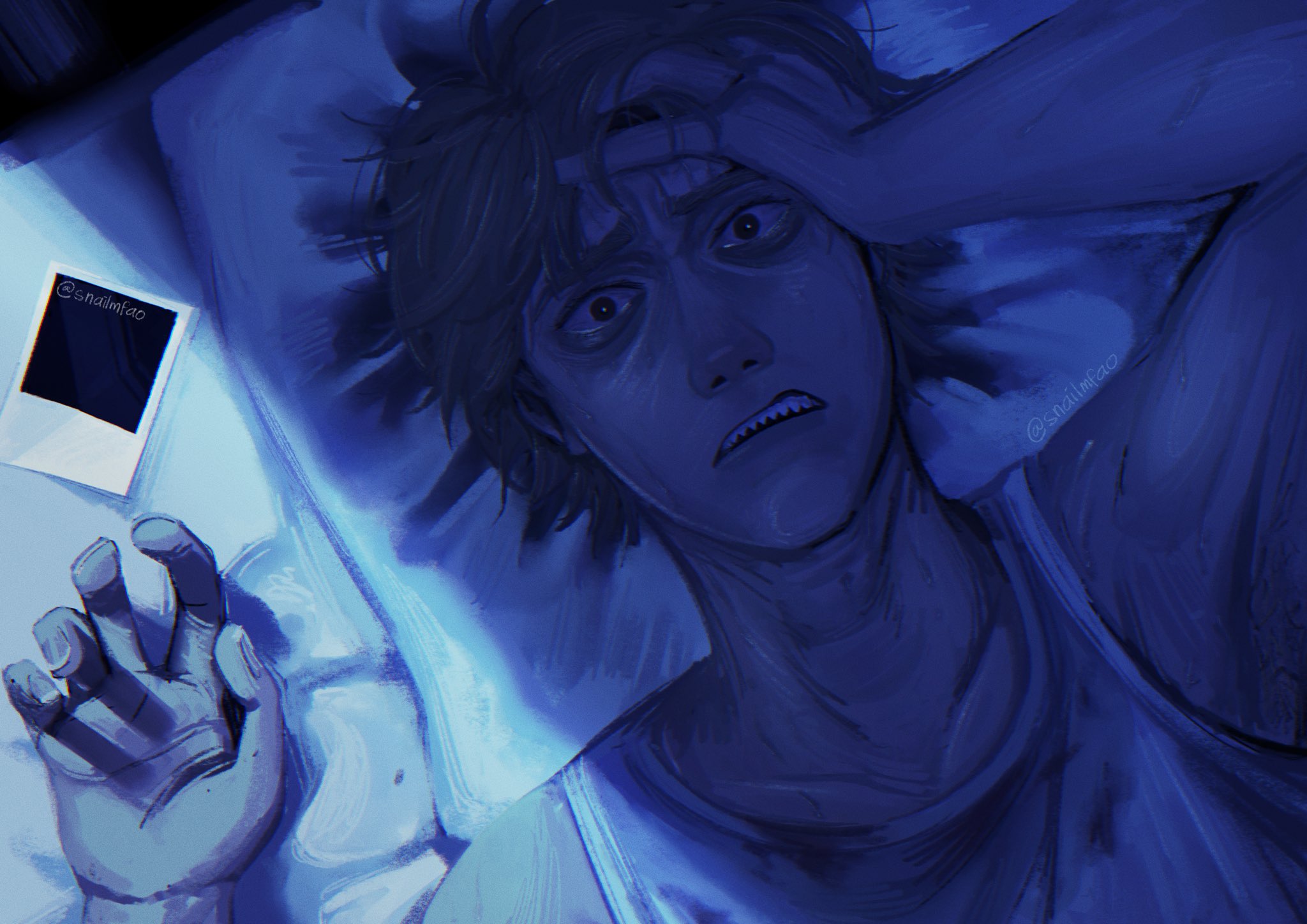 denji (chainsaw man), chainsaw man, commentary, english commentary, highres, 1boy, black eyes, grey hair, hand on own head, lying, male focus, on back, on bed, photo (object), pillow, polaroid photo, sharp teeth, short hair, snailmao, solo, sweat, tank top, teeth, white tank top