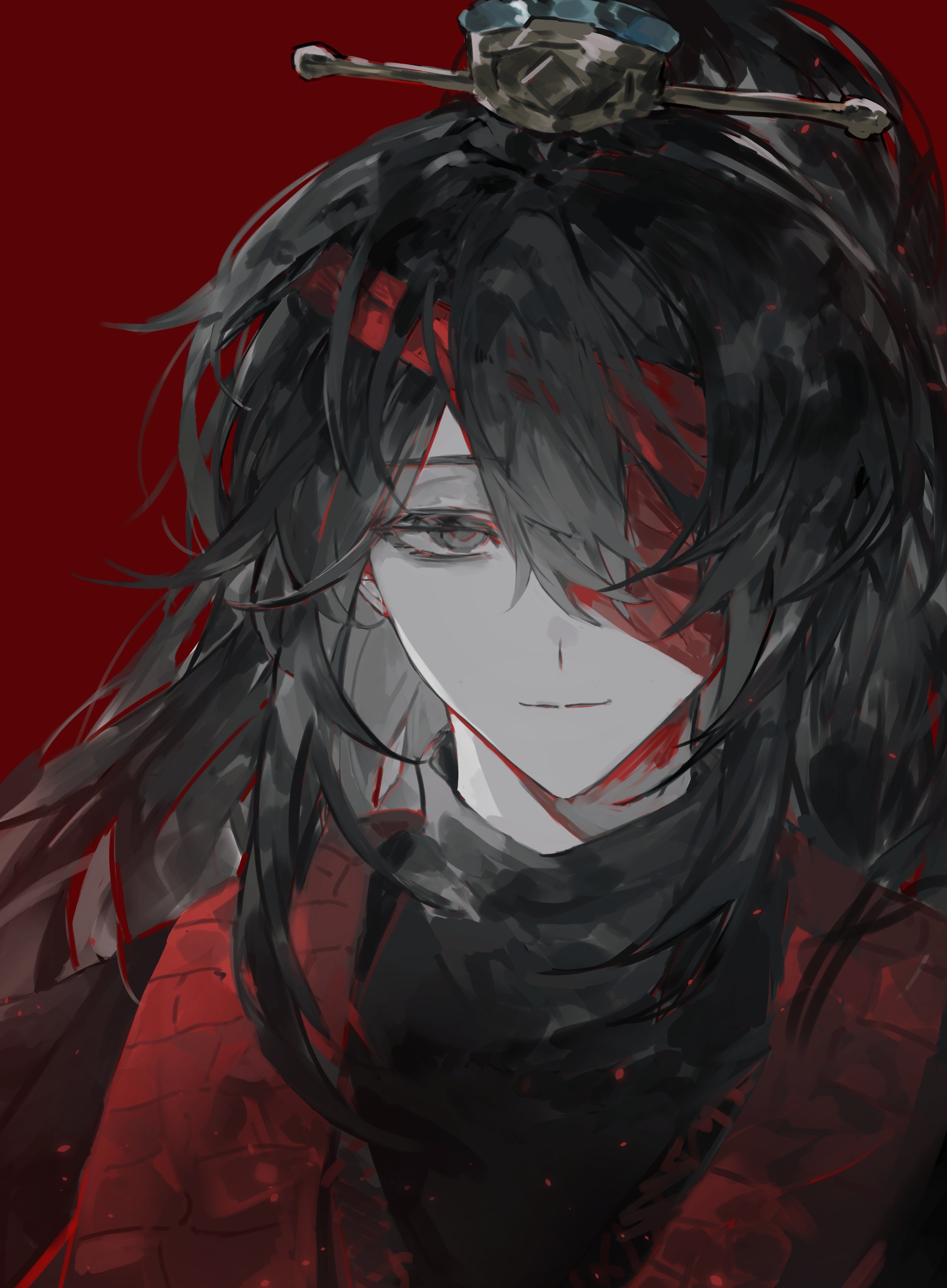 limi mirantes, hong lu (project moon), limbus company, project moon, absurdres, highres, 1boy, bandage over one eye, black eyes, black hair, black hanfu, chinese clothes, family hierarch candidate (identity) (project moon), hanfu, high ponytail, long hair, looking at viewer, male focus, ponytail, red background, red ribbon, ribbon, simple background, solo, stole, upper body