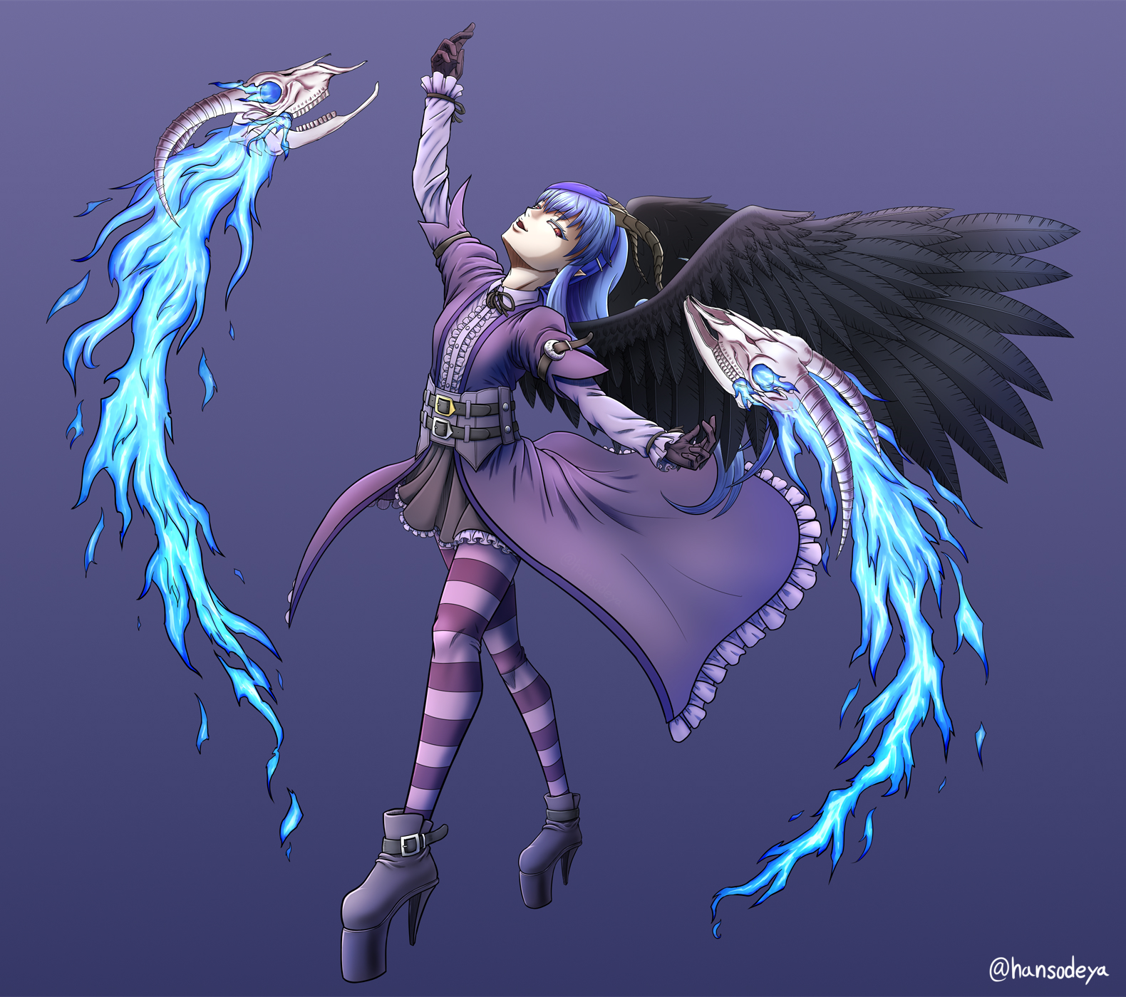hansodeya, duel masters, original, 2others, artist name, coat, demon, demon girl, ghost flames, horns, multiple others, purple coat, purple skirt, signature, skirt, wings