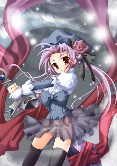 hinata momo, original, 1girl, beret, black thighhighs, female focus, flower, hat, hat flower, lowleg, lowleg panties, panties, pink hair, red eyes, red scarf, rose, scarf, see-through clothes, solo, sword, thighhighs, twintails, underwear, weapon
