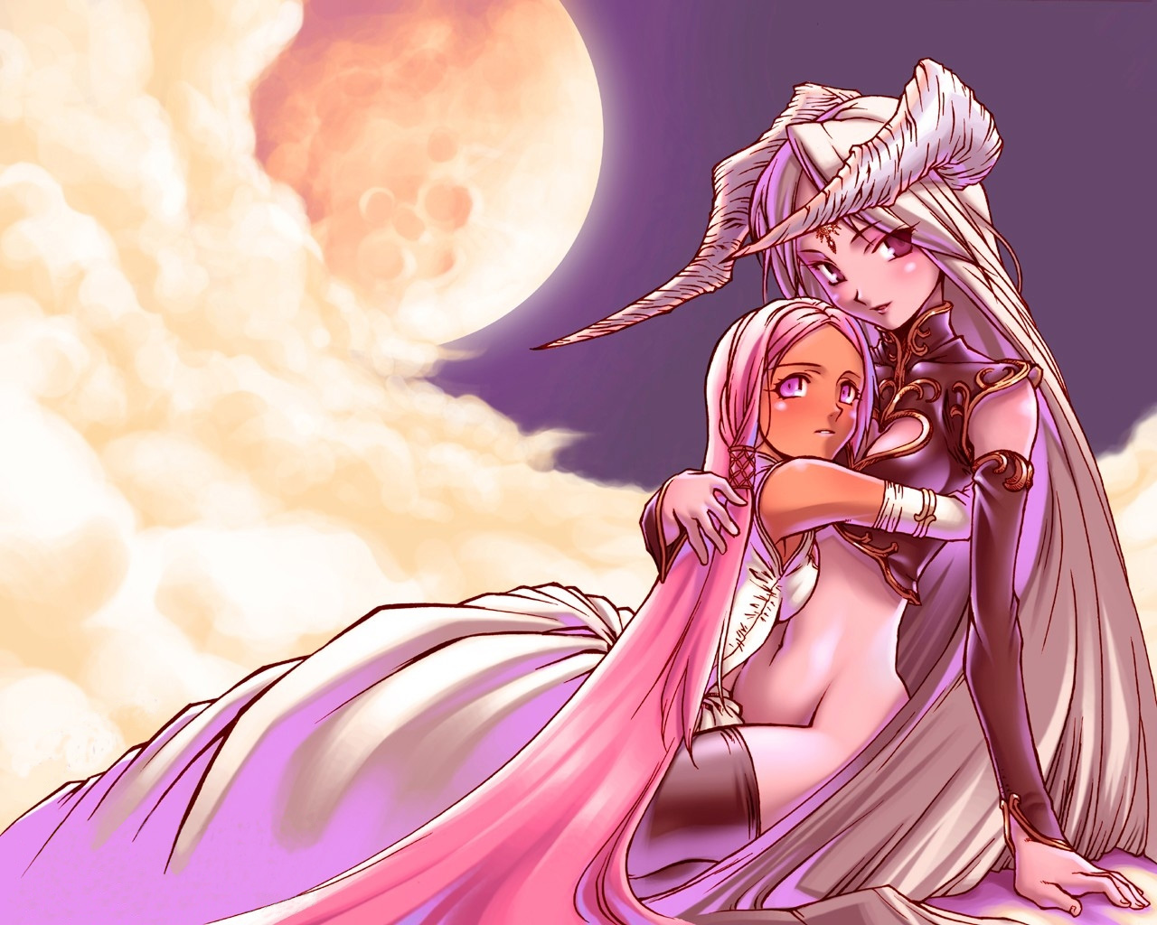 nakamura tatsunori, 2girls, bottomless, demon girl, detached sleeves, elbow gloves, gloves, horns, long hair, multiple girls, thighhighs, yuri