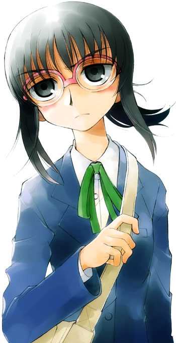 gofu, ogiue chika, genshiken, 00s, 1girl, bag, black hair, blush, female focus, glasses, school uniform, serafuku, simple background, solo, white background