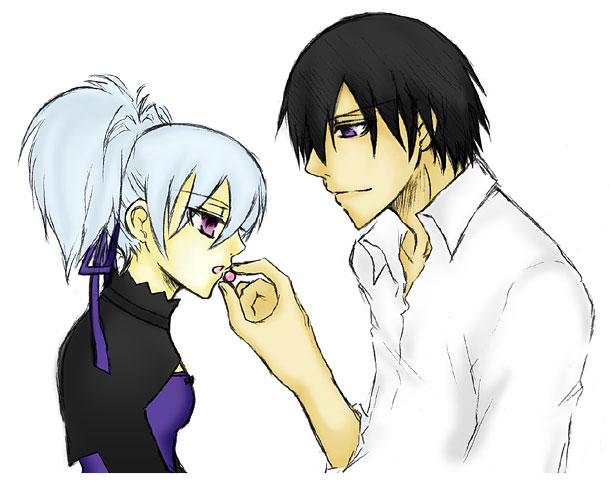 hei (darker than black), yin (darker than black), darker than black, tagme, 00s, couple, feeding, sharing, smile