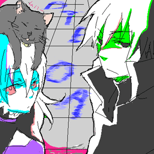hei (darker than black), mao (darker than black), yin (darker than black), darker than black, lowres, 00s, 1boy, 1girl, black cat, black eyes, black jacket, cat, dress, jacket, purple dress, purple eyes