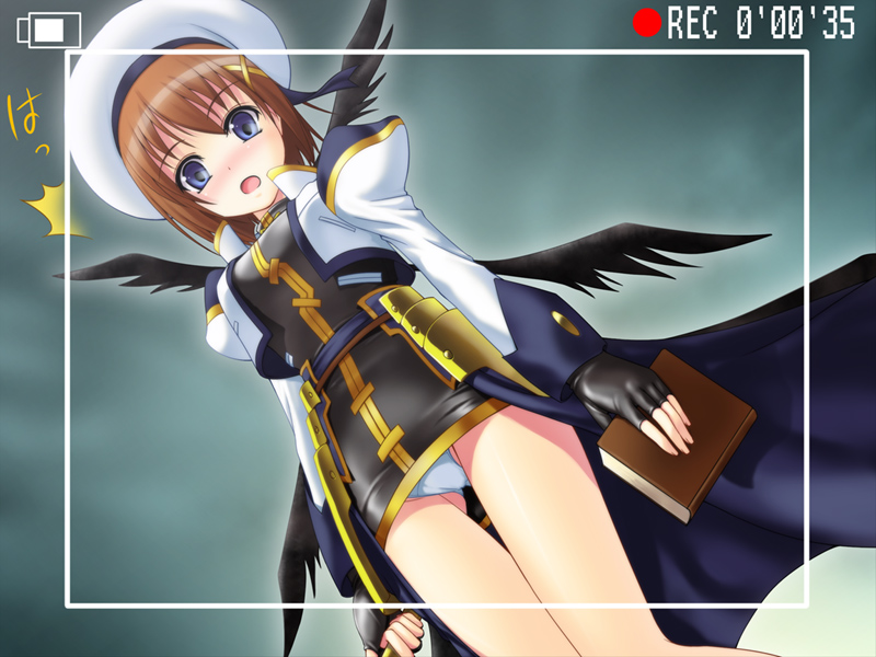40010prototype, tome of the night sky, yagami hayate, lyrical nanoha, mahou shoujo lyrical nanoha, mahou shoujo lyrical nanoha strikers, 00s, 1girl, black wings, blue eyes, blush, book, brown hair, female focus, fingerless gloves, gloves, hair ornament, hat, open mouth, panties, pantyshot, short hair, solo, standing, surprised, underwear, white panties, wings, x hair ornament