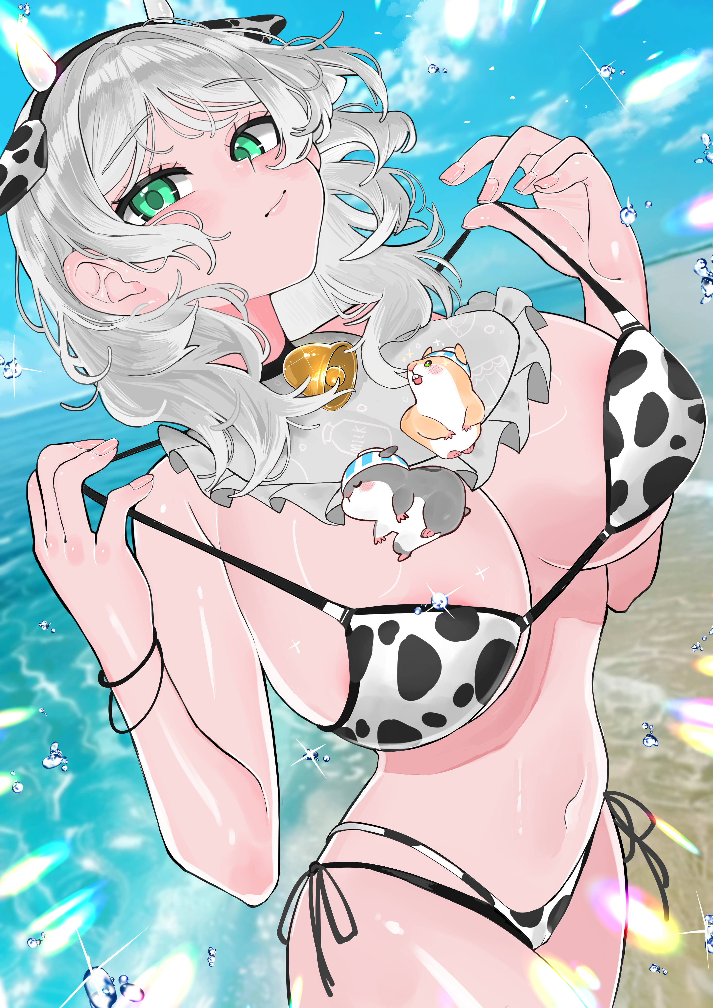 yuuppi, dan'in-san (shirogane noel), shirogane noel, hololive, absurdres, commentary, highres, 1girl, animal ears, animal print, beach, bell, bikini, blue sky, breasts, closed mouth, cloud, cloudy sky, cow ears, cow horns, cow print, cow print bikini, cowbell, day, fake animal ears, fake horns, green eyes, grey hair, hamster, horns, huge breasts, long hair, navel, ocean, outdoors, print bikini, sky, solo, swimsuit, virtual youtuber