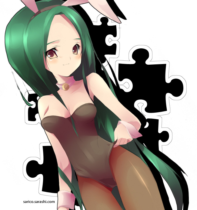 character request, tagme, animal ears, collar, fake animal ears, green hair, pantyhose, playboy bunny, rabbit ears