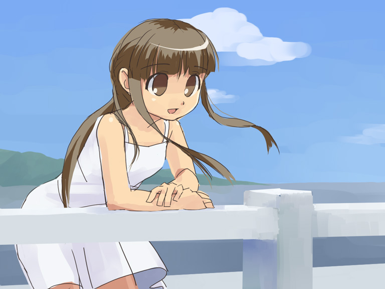 c-lop, source request, tagme, 1girl, brown eyes, brown hair, dress, female focus, solo
