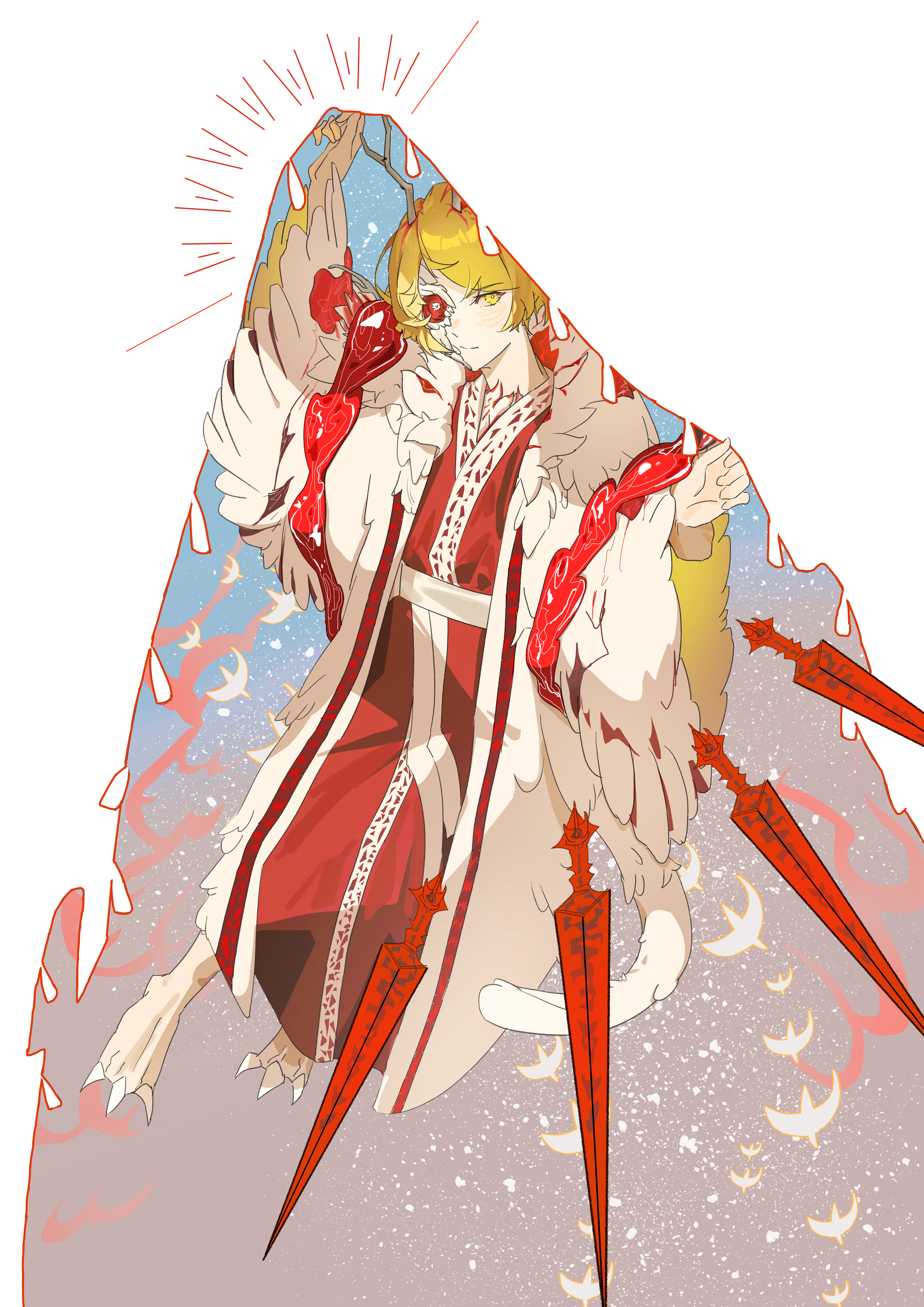 sinclair (project moon), limbus company, project moon, absurdres, chinese commentary, highres, 1boy, abstract background, arm up, blonde hair, chinese clothes, dragon boy, dragon horns, dragon tail, feathers, full body, hagoromo, hanfu, horns, looking at viewer, male focus, red hanfu, robe, shawl, short hair, sky, star (sky), starry sky, tail, tears of the tarnished blood (e.g.o), white robe, yellow eyes